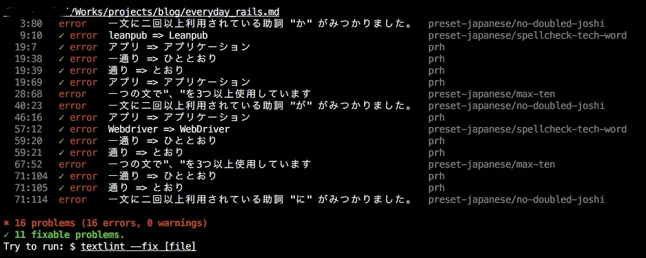 textlintの実行結果