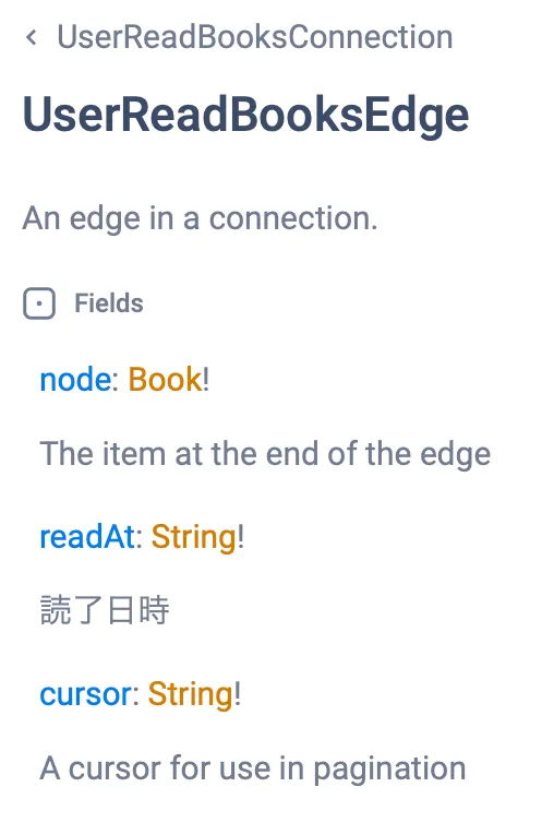 GraphiQLに表示されたUserReadBooksEdgeのスキーマ